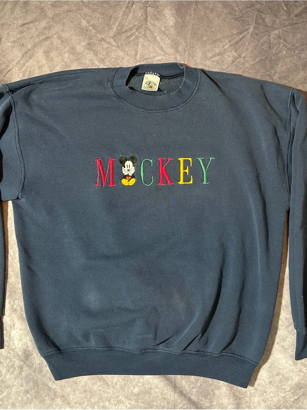 Vtg Navy Embroidered Mickey Mouse Crewneck Sweater with Colorful Lettering